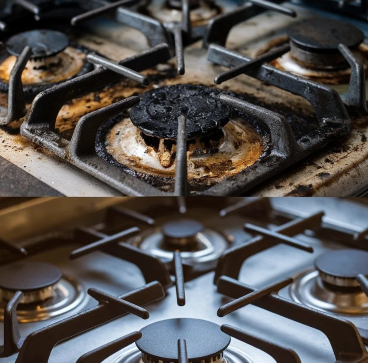 Gas hob before and after cleaning